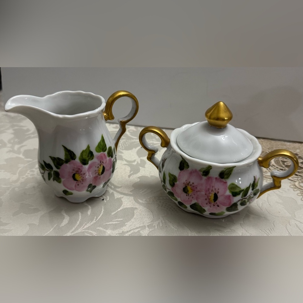 Vintage hand-painted creamer and sugar bowl set, porcelain (As-Is) by Edye 1971
